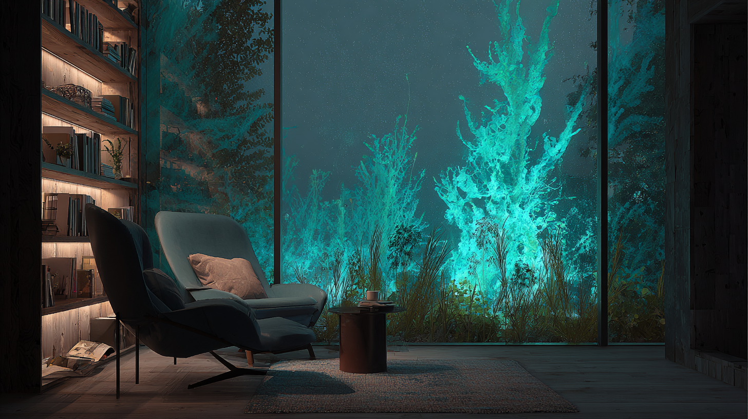 Wohnzimmer mit biolumineszierender Algen-Regalwand, sanftes türkisgrünes Licht